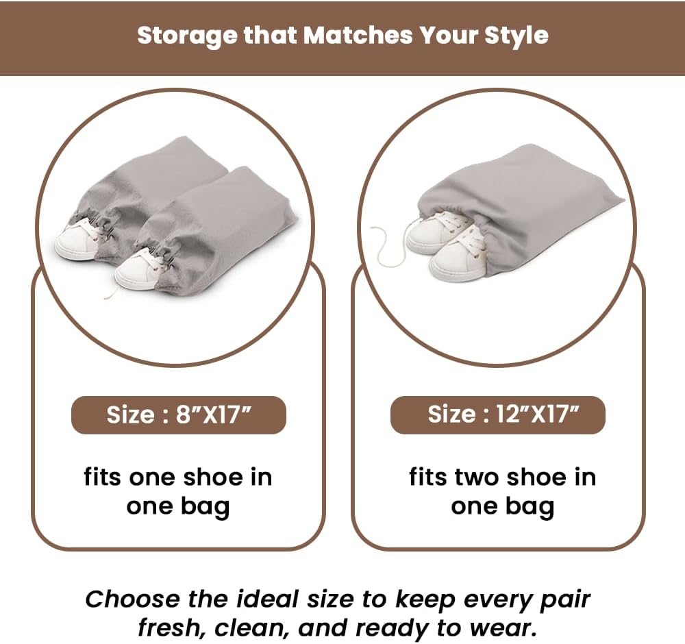 LFH Cotton Rich Shoe Storage Bags with Drawstring, Dustproof Breathable Reusable Organizer, Perfect For Travel, Dorm, Hotel, College, Gym, Machine Washable 8"x17" (Pack of 2) - Black sand