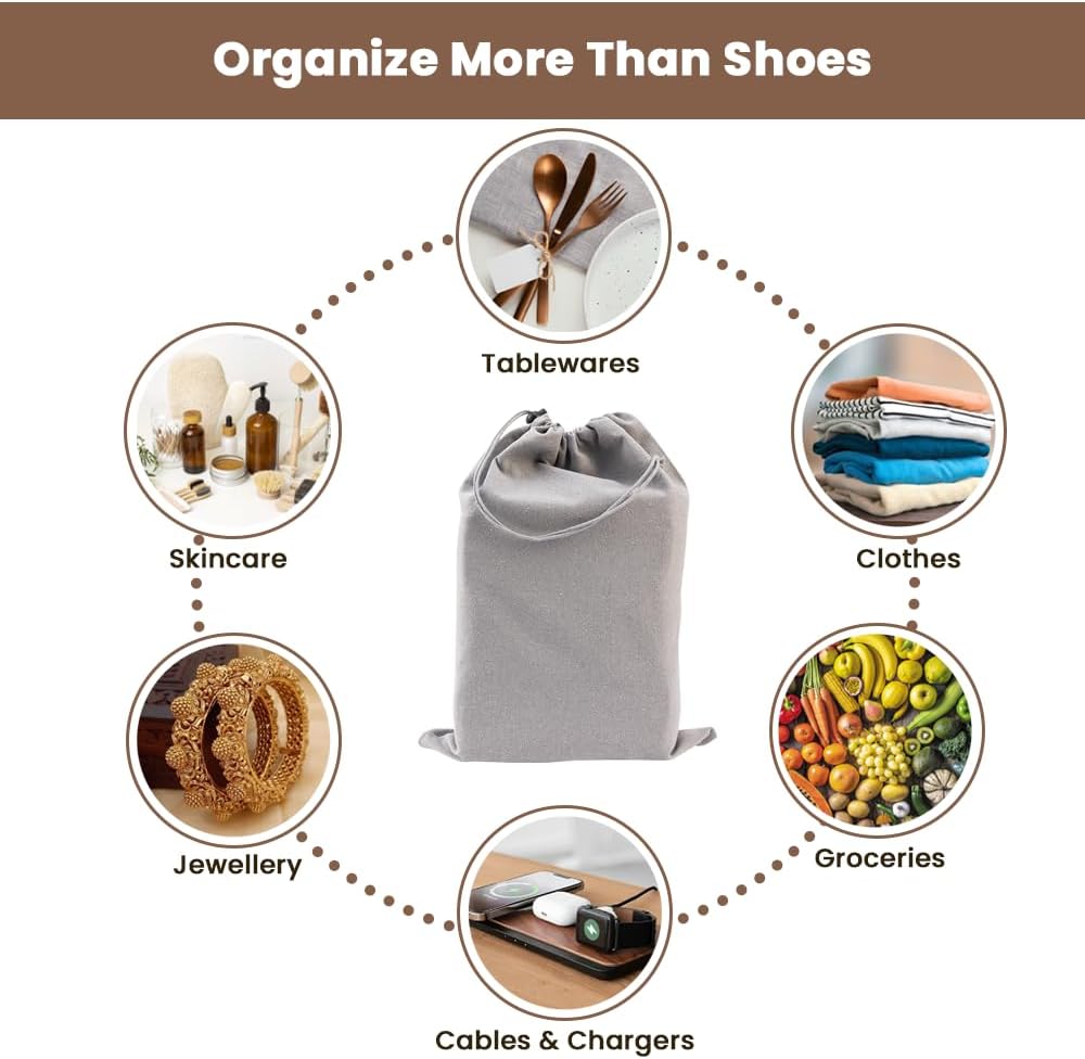 LFH Cotton Rich Shoe Storage Bags with Drawstring, Dustproof Breathable Reusable Organizer, Perfect For Travel, Dorm, Hotel, College, Gym, Machine Washable 8"x17" (Pack of 2) - Black sand