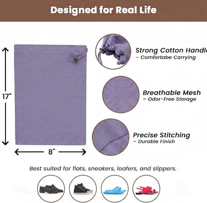 LFH Cotton Rich Shoe Storage Bags with Drawstring, Dustproof Breathable Reusable Organizer, Perfect For Travel, Dorm, Hotel, College, Gym, Machine Washable 8"x17" (Pack of 2) - Black sand