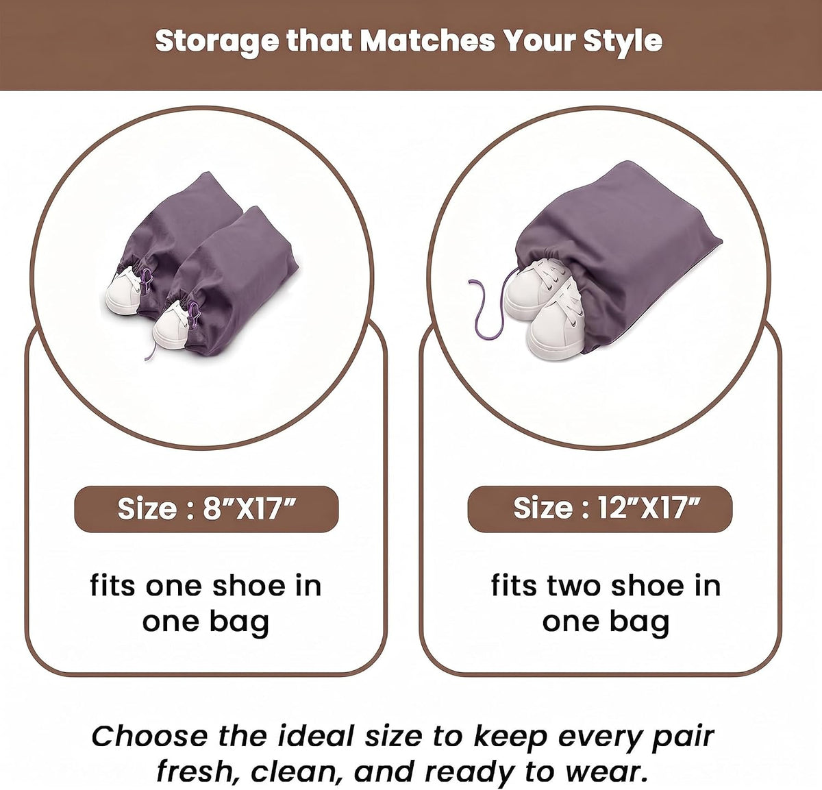 LFH Cotton Rich Shoe Storage Bags with Drawstring, Dustproof Breathable Reusable Organizer, Perfect For Travel, Dorm, Hotel, College, Gym, Machine Washable 8"x17" (Pack of 2) - Black sand