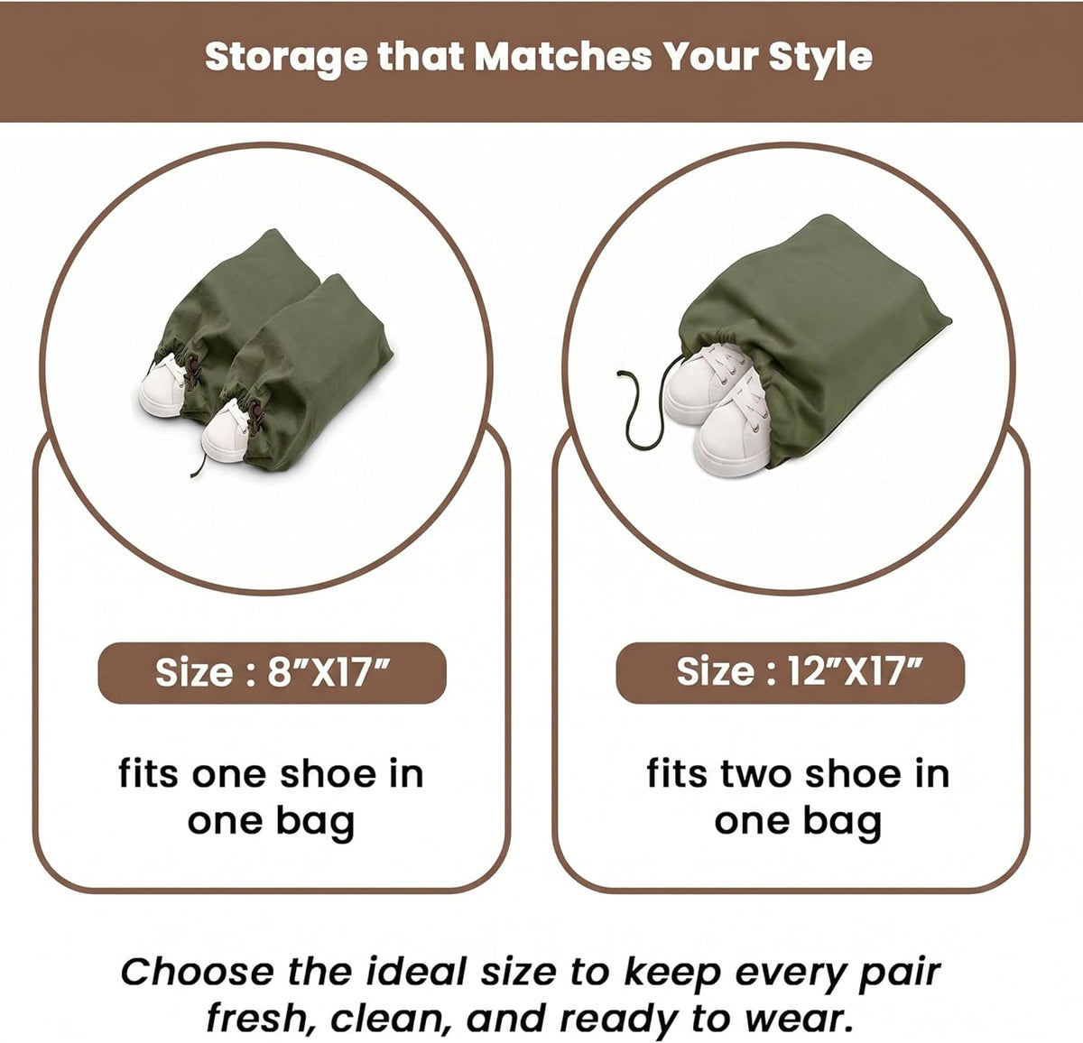 LFH Cotton Rich Shoe Storage Bags with Drawstring, Dustproof Breathable Reusable Organizer, Perfect For Travel, Dorm, Hotel, College, Gym, Machine Washable 8"x17" (Pack of 2) - Black sand