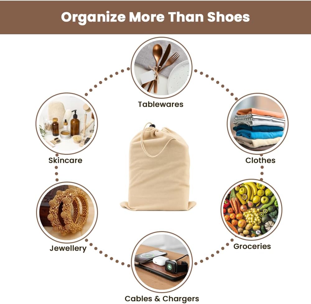 LFH Cotton Rich Shoe Storage Bags with Drawstring, Dustproof Breathable Reusable Organizer, Perfect For Travel, Dorm, Hotel, College, Gym, Machine Washable 8"x17" (Pack of 2) - Black sand