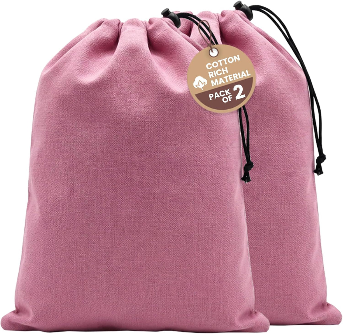 LFH Cotton Rich Shoe Storage Bags with Drawstring, Dustproof Breathable Reusable Organizer, Perfect For Travel, Dorm, Hotel, College, Gym, Machine Washable 8"x17" (Pack of 2) - Black sand