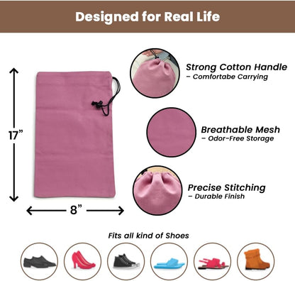LFH Cotton Rich Shoe Storage Bags with Drawstring, Dustproof Breathable Reusable Organizer, Perfect For Travel, Dorm, Hotel, College, Gym, Machine Washable 8"x17" (Pack of 2) - Black sand