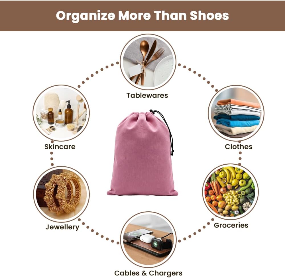 LFH Cotton Rich Shoe Storage Bags with Drawstring, Dustproof Breathable Reusable Organizer, Perfect For Travel, Dorm, Hotel, College, Gym, Machine Washable 8"x17" (Pack of 2) - Black sand
