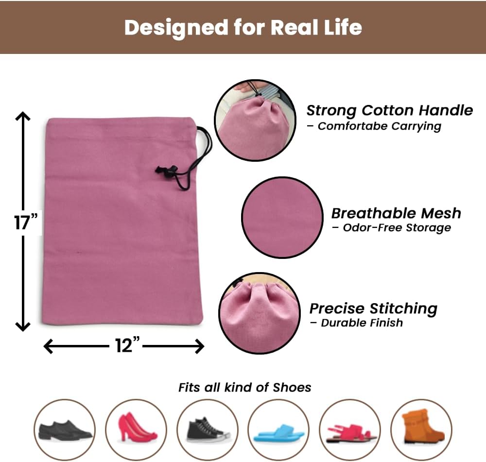 LFH Cotton Rich Shoe Storage Bags with Drawstring, Dustproof Breathable Reusable Organizer, Perfect For Travel, Dorm, Hotel, College, Gym, Machine Washable 8"x17" (Pack of 2) - Black sand