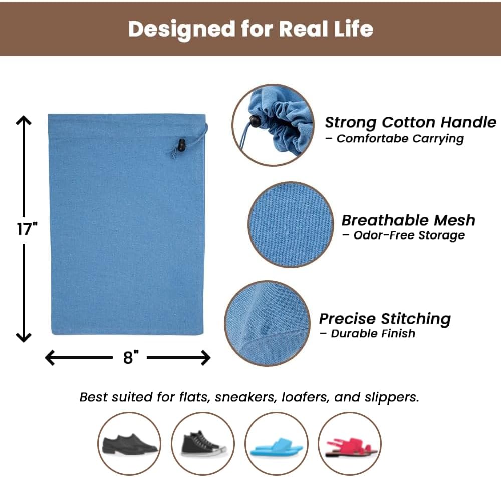 LFH Cotton Rich Shoe Storage Bags with Drawstring, Dustproof Breathable Reusable Organizer, Perfect For Travel, Dorm, Hotel, College, Gym, Machine Washable 8"x17" (Pack of 2) - Black sand