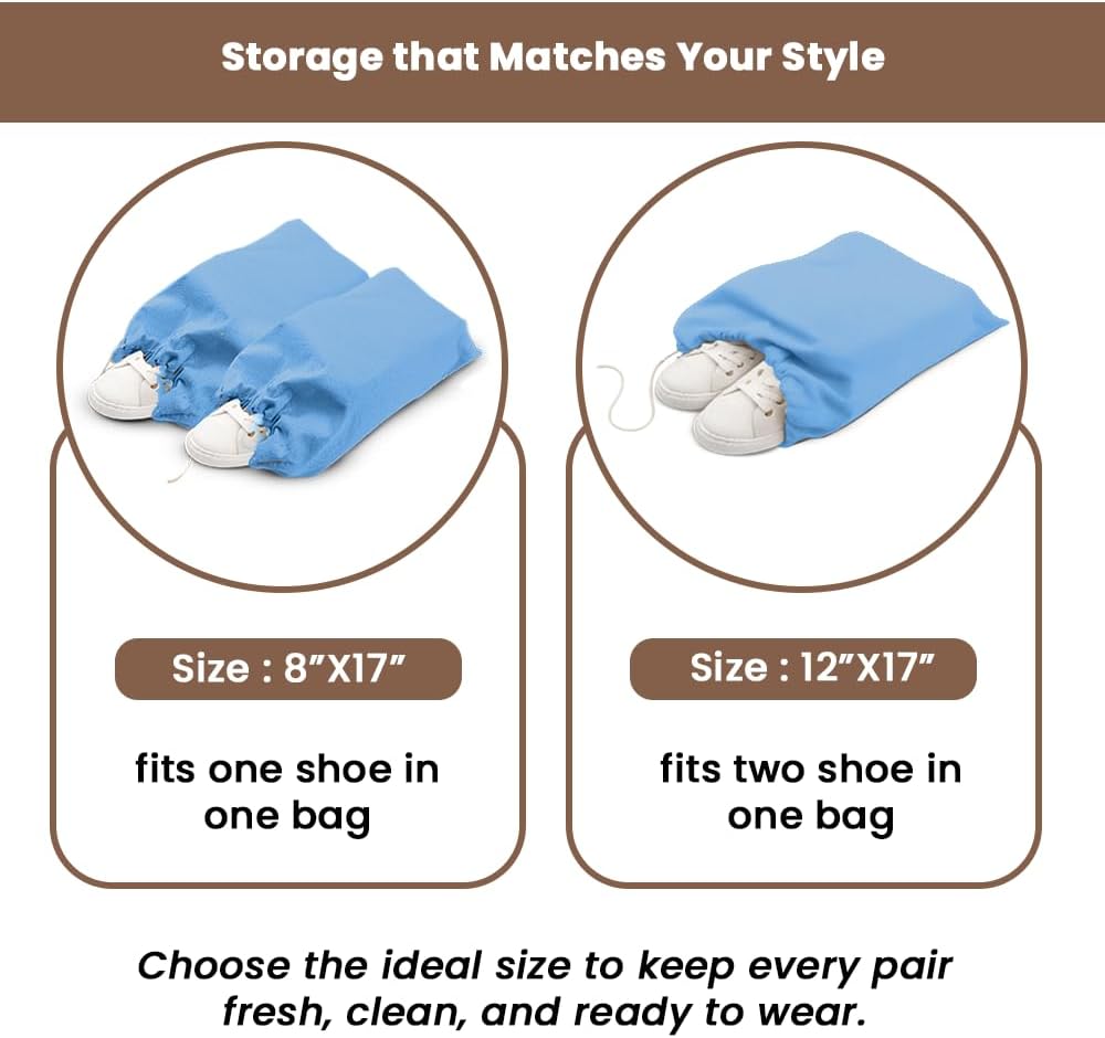 LFH Cotton Rich Shoe Storage Bags with Drawstring, Dustproof Breathable Reusable Organizer, Perfect For Travel, Dorm, Hotel, College, Gym, Machine Washable 8"x17" (Pack of 2) - Black sand