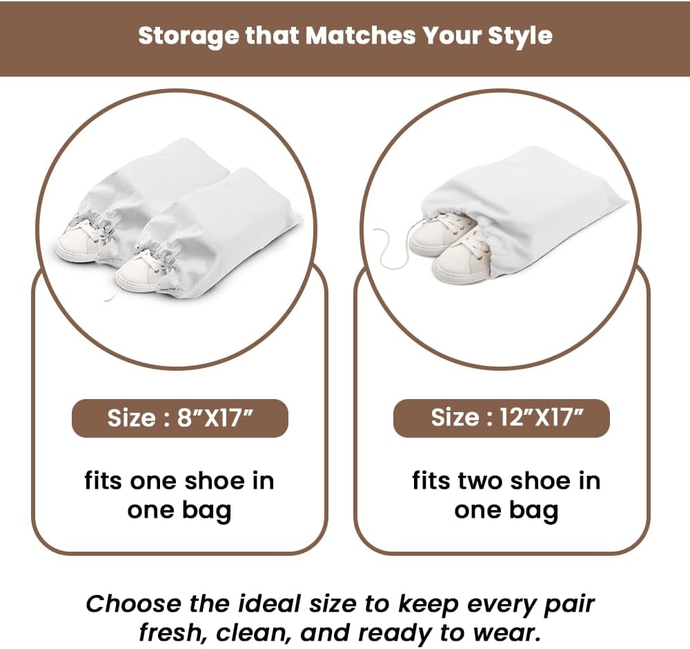LFH Cotton Rich Shoe Storage Bags with Drawstring, Dustproof Breathable Reusable Organizer, Perfect For Travel, Dorm, Hotel, College, Gym, Machine Washable 8"x17" (Pack of 2) - Black sand