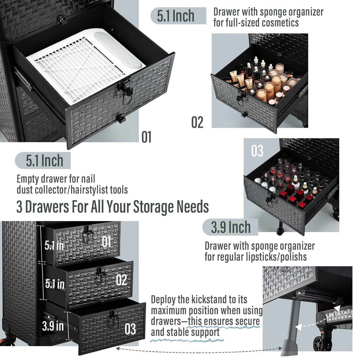 Salon Cart with 3 Drawers, Nail Trolley Cart with Wheels Salon Station Rolling Makeup Train Case Cosmetology Case Organizer Cases for Nail Tech,SPA,Face Painting,Hairstylist,Makeup Artist