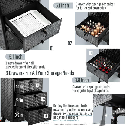 Salon Cart with 3 Drawers, Nail Trolley Cart with Wheels Salon Station Rolling Makeup Train Case Cosmetology Case Organizer Cases for Nail Tech,SPA,Face Painting,Hairstylist,Makeup Artist
