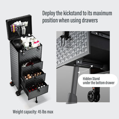Salon Cart with 3 Drawers, Nail Trolley Cart with Wheels Salon Station Rolling Makeup Train Case Cosmetology Case Organizer Cases for Nail Tech,SPA,Face Painting,Hairstylist,Makeup Artist