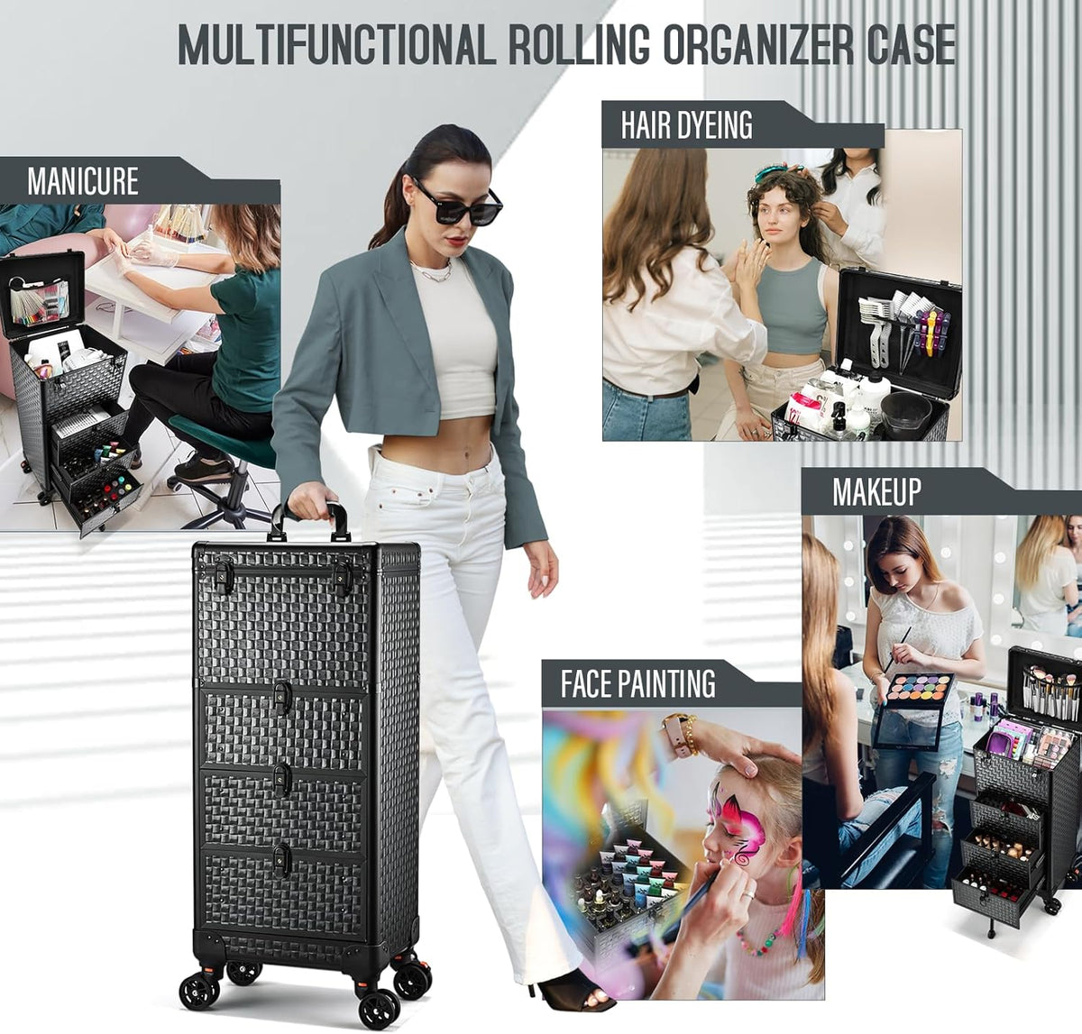 Salon Cart with 3 Drawers, Nail Trolley Cart with Wheels Salon Station Rolling Makeup Train Case Cosmetology Case Organizer Cases for Nail Tech,SPA,Face Painting,Hairstylist,Makeup Artist