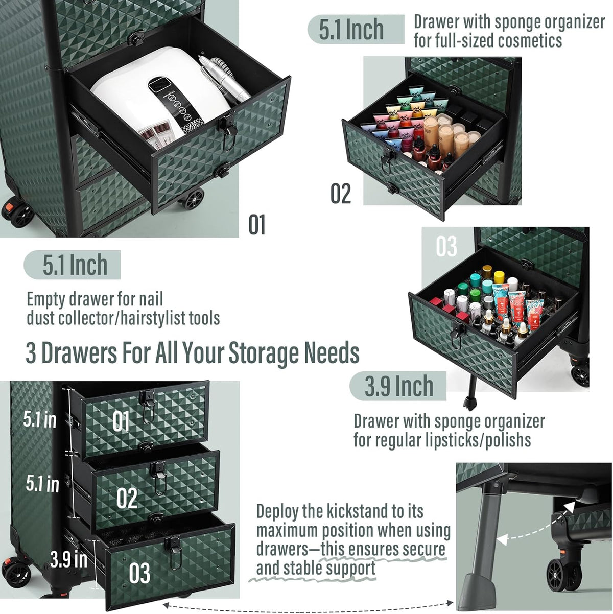Salon Cart with 3 Drawers, Nail Trolley Cart with Wheels Salon Station Rolling Makeup Train Case Cosmetology Case Organizer Cases for Nail Tech,SPA,Face Painting,Hairstylist,Makeup Artist