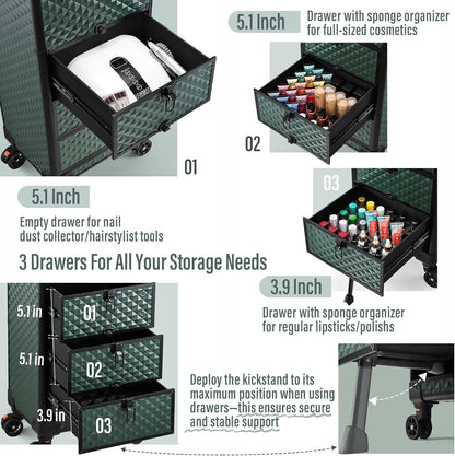 Salon Cart with 3 Drawers, Nail Trolley Cart with Wheels Salon Station Rolling Makeup Train Case Cosmetology Case Organizer Cases for Nail Tech,SPA,Face Painting,Hairstylist,Makeup Artist