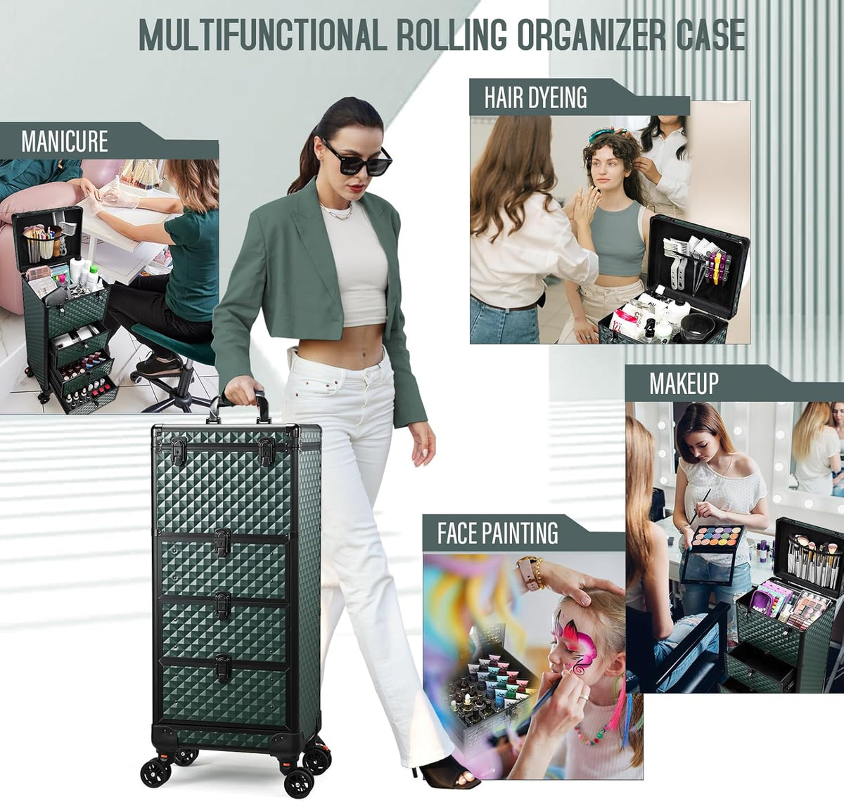 Salon Cart with 3 Drawers, Nail Trolley Cart with Wheels Salon Station Rolling Makeup Train Case Cosmetology Case Organizer Cases for Nail Tech,SPA,Face Painting,Hairstylist,Makeup Artist