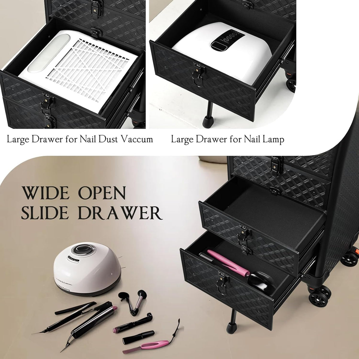 Salon Cart with 3 Drawers, Nail Trolley Cart with Wheels Salon Station Rolling Makeup Train Case Cosmetology Case Organizer Cases for Nail Tech,SPA,Face Painting,Hairstylist,Makeup Artist