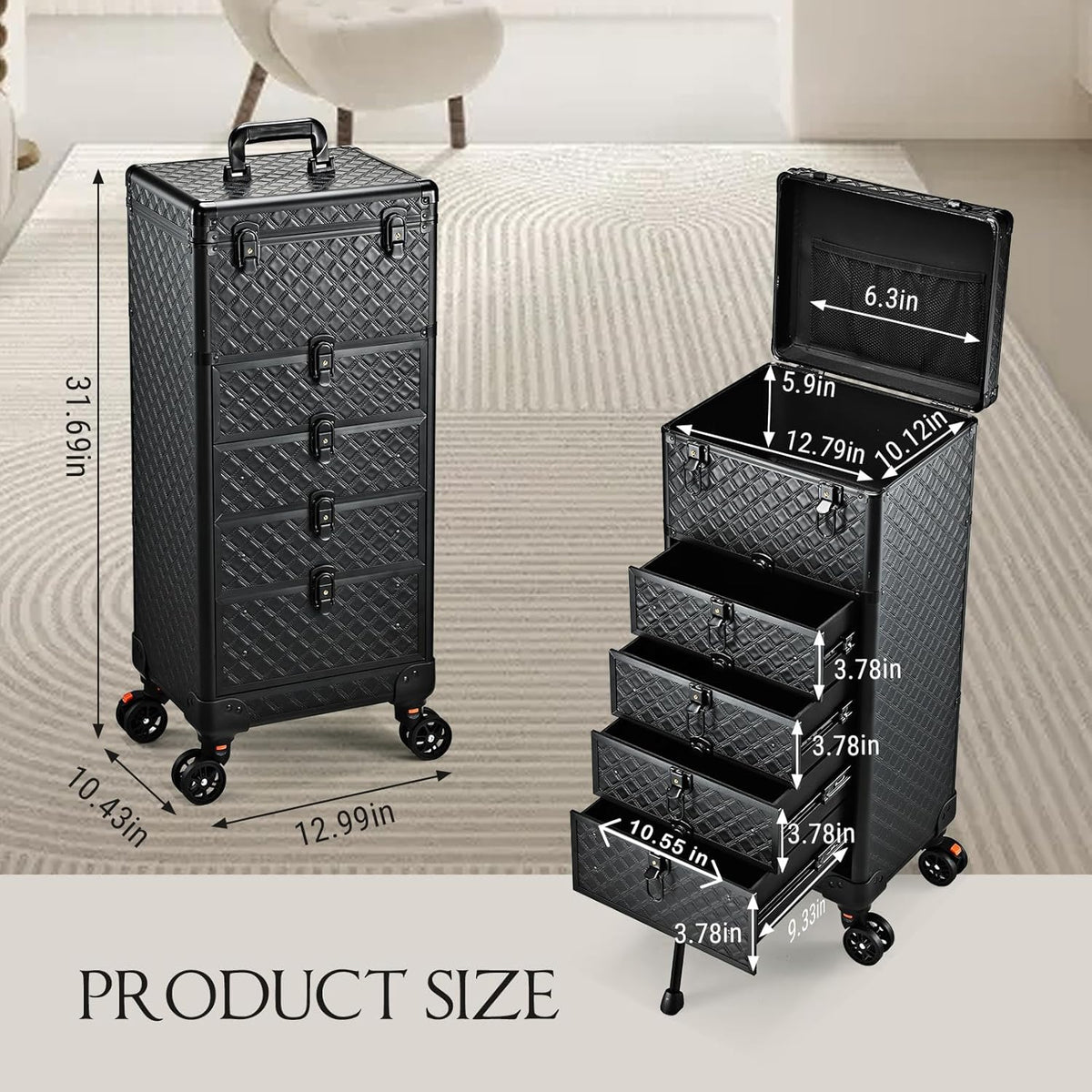Salon Cart with 3 Drawers, Nail Trolley Cart with Wheels Salon Station Rolling Makeup Train Case Cosmetology Case Organizer Cases for Nail Tech,SPA,Face Painting,Hairstylist,Makeup Artist