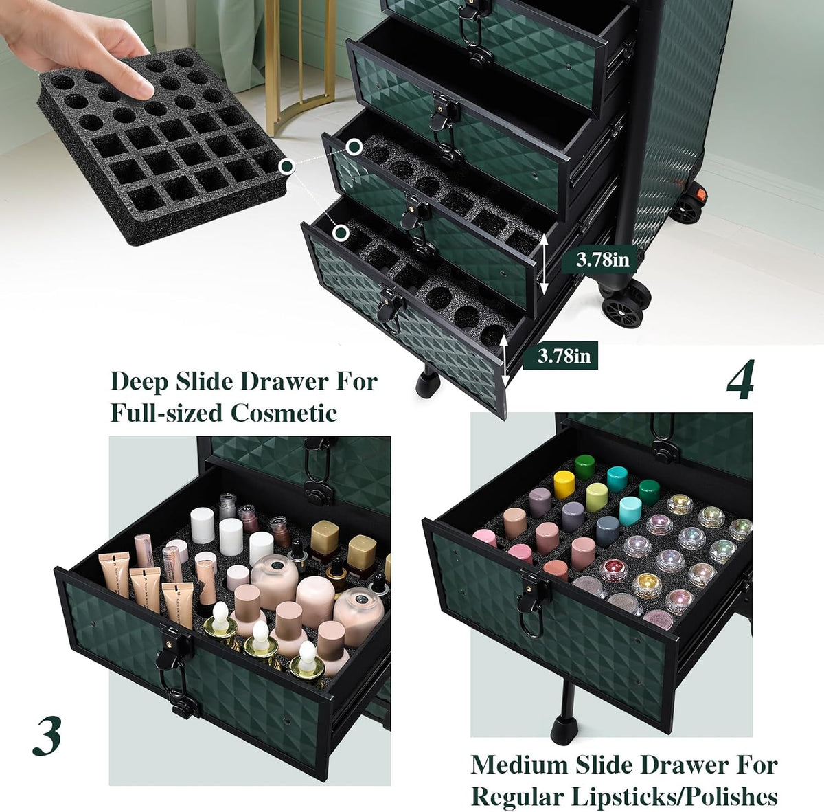 Salon Cart with 3 Drawers, Nail Trolley Cart with Wheels Salon Station Rolling Makeup Train Case Cosmetology Case Organizer Cases for Nail Tech,SPA,Face Painting,Hairstylist,Makeup Artist
