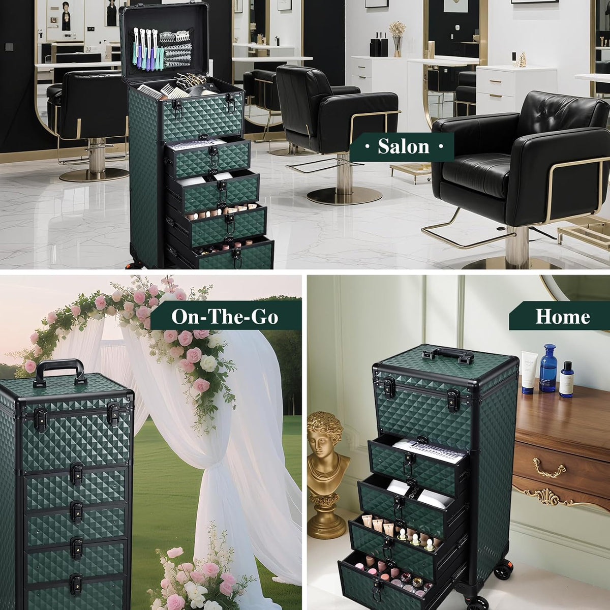 Salon Cart with 3 Drawers, Nail Trolley Cart with Wheels Salon Station Rolling Makeup Train Case Cosmetology Case Organizer Cases for Nail Tech,SPA,Face Painting,Hairstylist,Makeup Artist