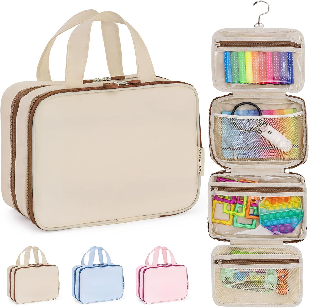 Kids Travel Organizer – Multi-Compartment, Water-Resistant Hanging Bag for Toys, Snacks, & Activities - Compact, Lightweight Design with Hook & Carry Handle - Perfect for Travel Use (Blue, Small)