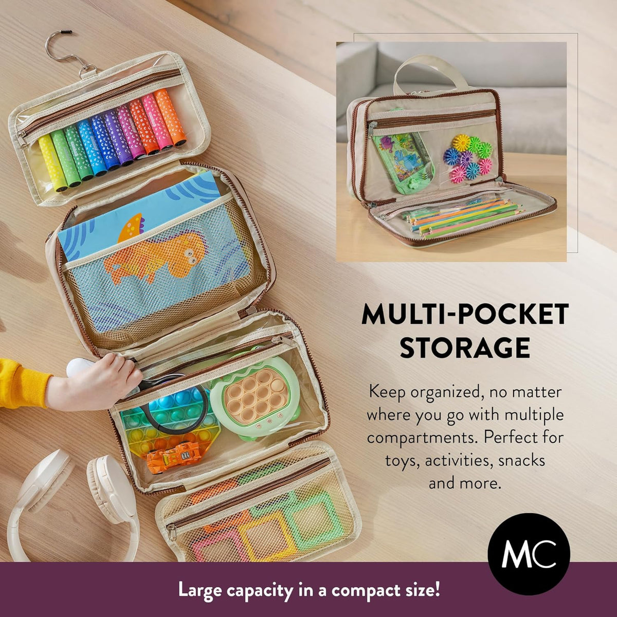 Kids Travel Organizer – Multi-Compartment, Water-Resistant Hanging Bag for Toys, Snacks, & Activities - Compact, Lightweight Design with Hook & Carry Handle - Perfect for Travel Use (Blue, Small)
