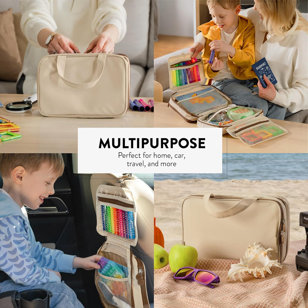 Kids Travel Organizer – Multi-Compartment, Water-Resistant Hanging Bag for Toys, Snacks, & Activities - Compact, Lightweight Design with Hook & Carry Handle - Perfect for Travel Use (Blue, Small)
