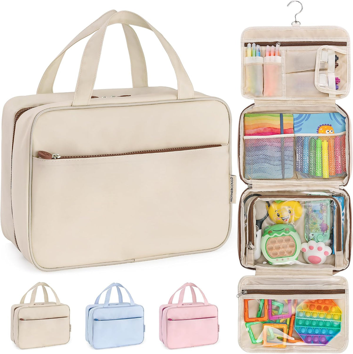 Kids Travel Organizer – Multi-Compartment, Water-Resistant Hanging Bag for Toys, Snacks, & Activities - Compact, Lightweight Design with Hook & Carry Handle - Perfect for Travel Use (Blue, Small)