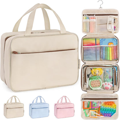 Kids Travel Organizer – Multi-Compartment, Water-Resistant Hanging Bag for Toys, Snacks, & Activities - Compact, Lightweight Design with Hook & Carry Handle - Perfect for Travel Use (Blue, Small)