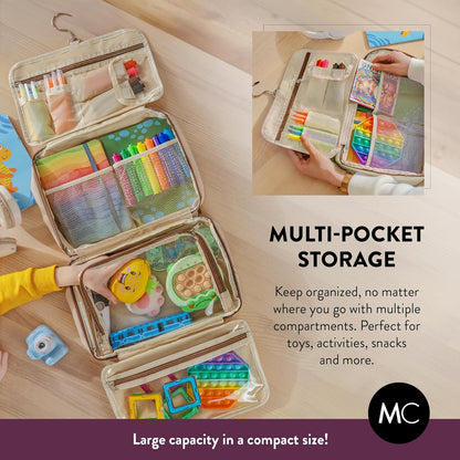 Kids Travel Organizer – Multi-Compartment, Water-Resistant Hanging Bag for Toys, Snacks, & Activities - Compact, Lightweight Design with Hook & Carry Handle - Perfect for Travel Use (Blue, Small)