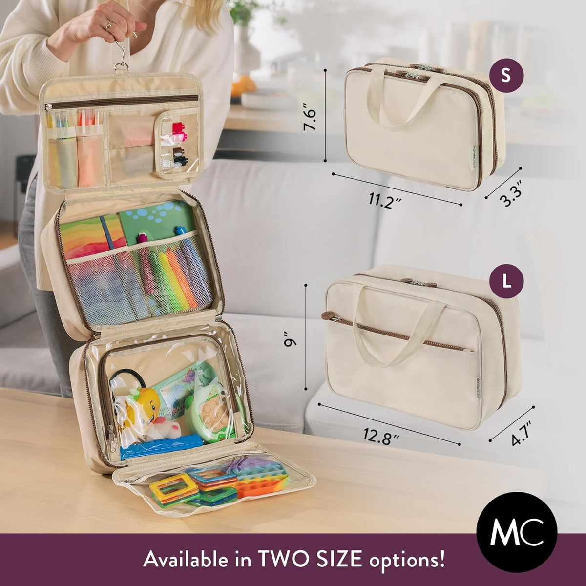 Kids Travel Organizer – Multi-Compartment, Water-Resistant Hanging Bag for Toys, Snacks, & Activities - Compact, Lightweight Design with Hook & Carry Handle - Perfect for Travel Use (Blue, Small)