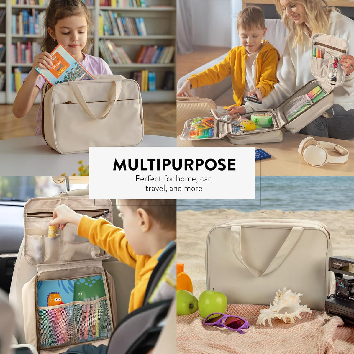 Kids Travel Organizer – Multi-Compartment, Water-Resistant Hanging Bag for Toys, Snacks, & Activities - Compact, Lightweight Design with Hook & Carry Handle - Perfect for Travel Use (Blue, Small)