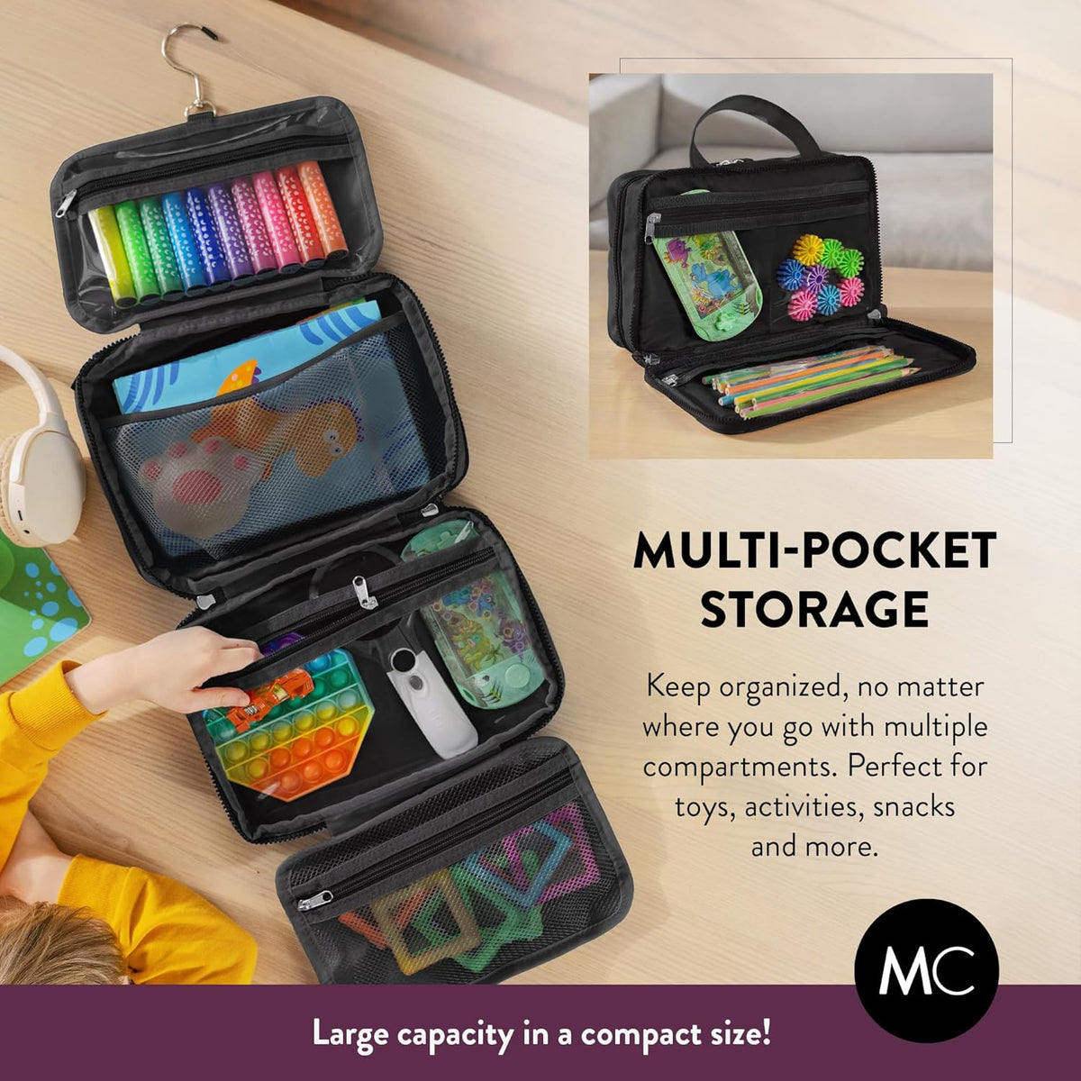 Kids Travel Organizer – Multi-Compartment, Water-Resistant Hanging Bag for Toys, Snacks, & Activities - Compact, Lightweight Design with Hook & Carry Handle - Perfect for Travel Use (Blue, Small)