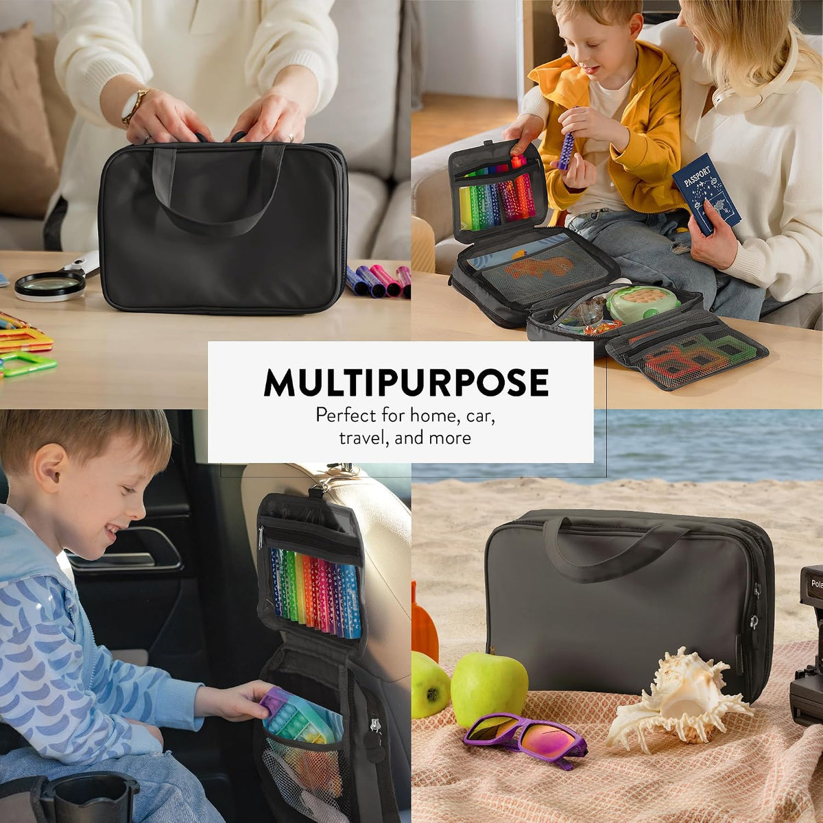 Kids Travel Organizer – Multi-Compartment, Water-Resistant Hanging Bag for Toys, Snacks, & Activities - Compact, Lightweight Design with Hook & Carry Handle - Perfect for Travel Use (Blue, Small)