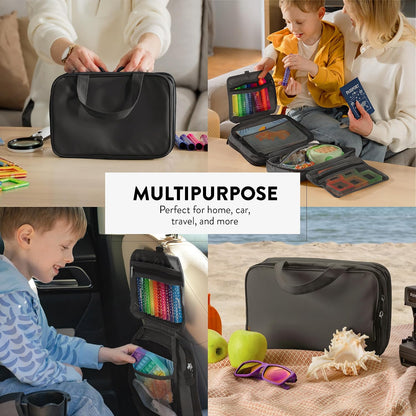 Kids Travel Organizer – Multi-Compartment, Water-Resistant Hanging Bag for Toys, Snacks, & Activities - Compact, Lightweight Design with Hook & Carry Handle - Perfect for Travel Use (Blue, Small)