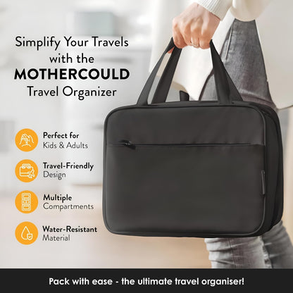 Kids Travel Organizer – Multi-Compartment, Water-Resistant Hanging Bag for Toys, Snacks, & Activities - Compact, Lightweight Design with Hook & Carry Handle - Perfect for Travel Use (Blue, Small)