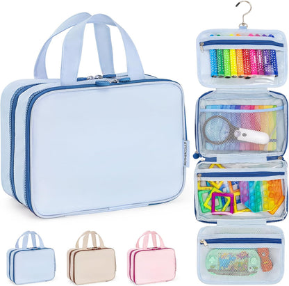Kids Travel Organizer – Multi-Compartment, Water-Resistant Hanging Bag for Toys, Snacks, & Activities - Compact, Lightweight Design with Hook & Carry Handle - Perfect for Travel Use (Blue, Small)