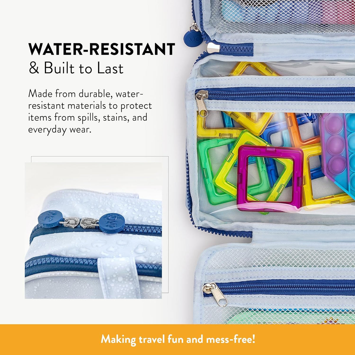 Kids Travel Organizer – Multi-Compartment, Water-Resistant Hanging Bag for Toys, Snacks, & Activities - Compact, Lightweight Design with Hook & Carry Handle - Perfect for Travel Use (Blue, Small)