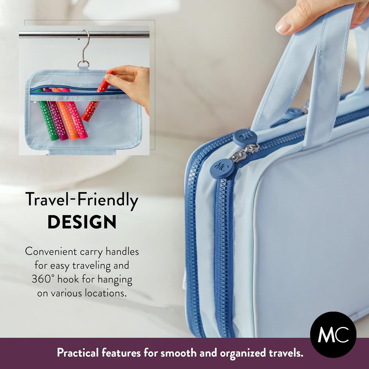 Kids Travel Organizer – Multi-Compartment, Water-Resistant Hanging Bag for Toys, Snacks, & Activities - Compact, Lightweight Design with Hook & Carry Handle - Perfect for Travel Use (Blue, Small)