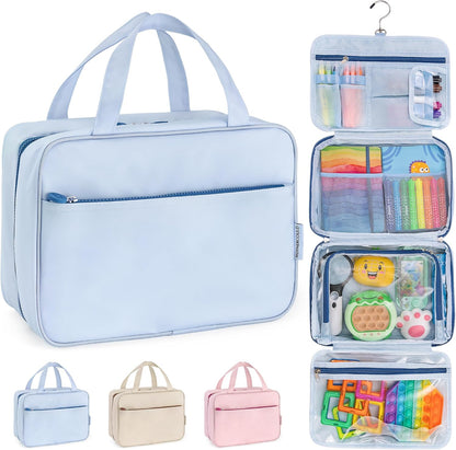 Kids Travel Organizer – Multi-Compartment, Water-Resistant Hanging Bag for Toys, Snacks, & Activities - Compact, Lightweight Design with Hook & Carry Handle - Perfect for Travel Use (Blue, Small)