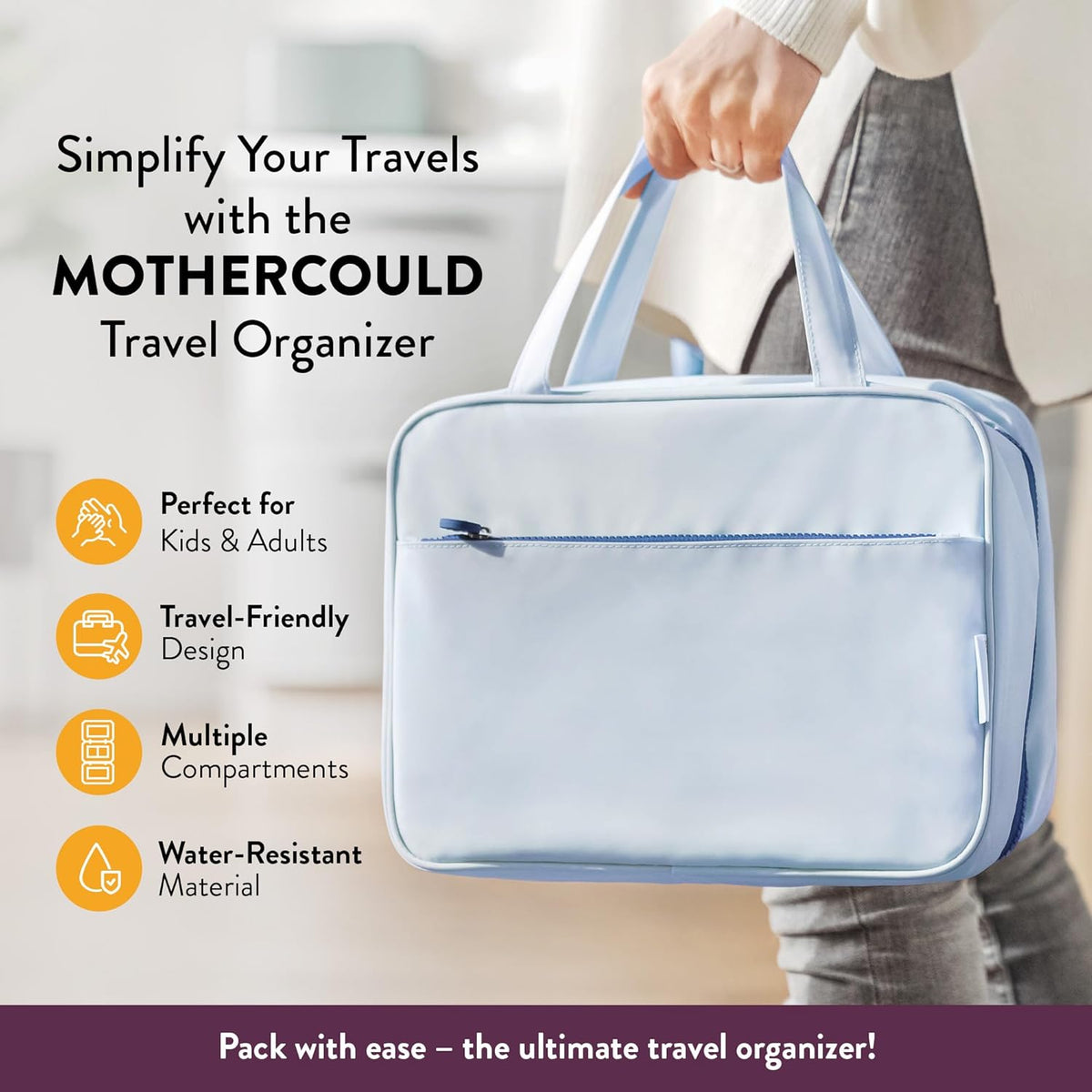 Kids Travel Organizer – Multi-Compartment, Water-Resistant Hanging Bag for Toys, Snacks, & Activities - Compact, Lightweight Design with Hook & Carry Handle - Perfect for Travel Use (Blue, Small)