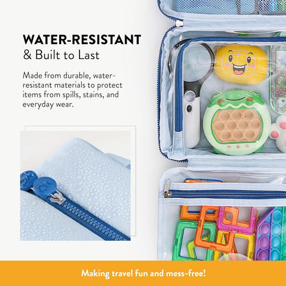 Kids Travel Organizer – Multi-Compartment, Water-Resistant Hanging Bag for Toys, Snacks, & Activities - Compact, Lightweight Design with Hook & Carry Handle - Perfect for Travel Use (Blue, Small)