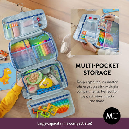 Kids Travel Organizer – Multi-Compartment, Water-Resistant Hanging Bag for Toys, Snacks, & Activities - Compact, Lightweight Design with Hook & Carry Handle - Perfect for Travel Use (Blue, Small)