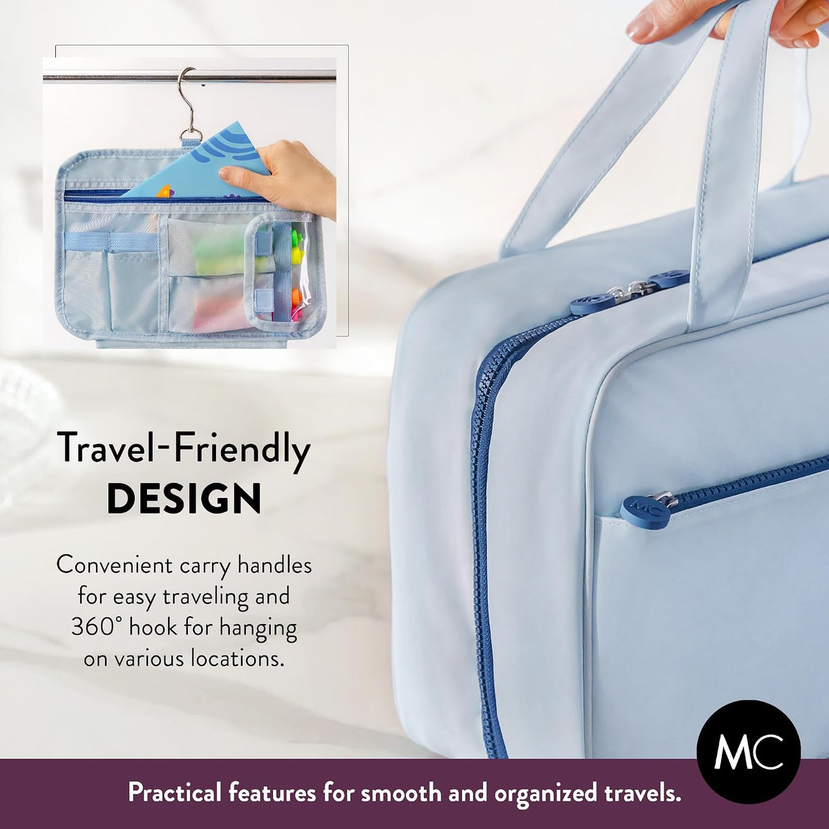 Kids Travel Organizer – Multi-Compartment, Water-Resistant Hanging Bag for Toys, Snacks, & Activities - Compact, Lightweight Design with Hook & Carry Handle - Perfect for Travel Use (Blue, Small)