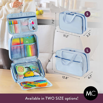 Kids Travel Organizer – Multi-Compartment, Water-Resistant Hanging Bag for Toys, Snacks, & Activities - Compact, Lightweight Design with Hook & Carry Handle - Perfect for Travel Use (Blue, Small)