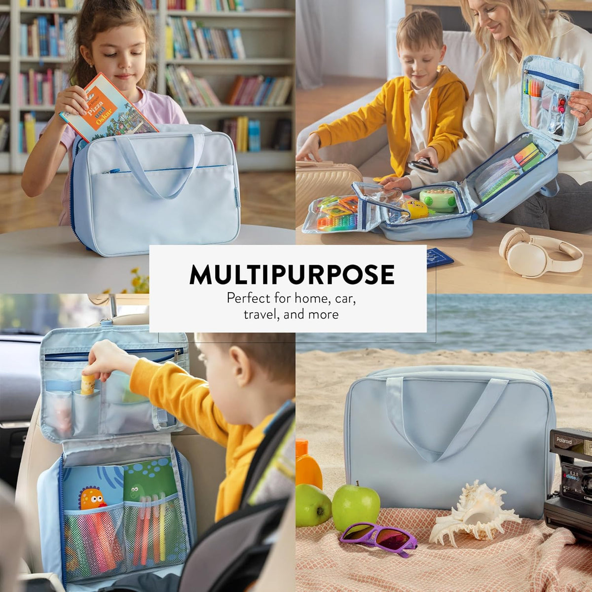 Kids Travel Organizer – Multi-Compartment, Water-Resistant Hanging Bag for Toys, Snacks, & Activities - Compact, Lightweight Design with Hook & Carry Handle - Perfect for Travel Use (Blue, Small)