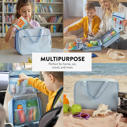 Kids Travel Organizer – Multi-Compartment, Water-Resistant Hanging Bag for Toys, Snacks, & Activities - Compact, Lightweight Design with Hook & Carry Handle - Perfect for Travel Use (Blue, Small)