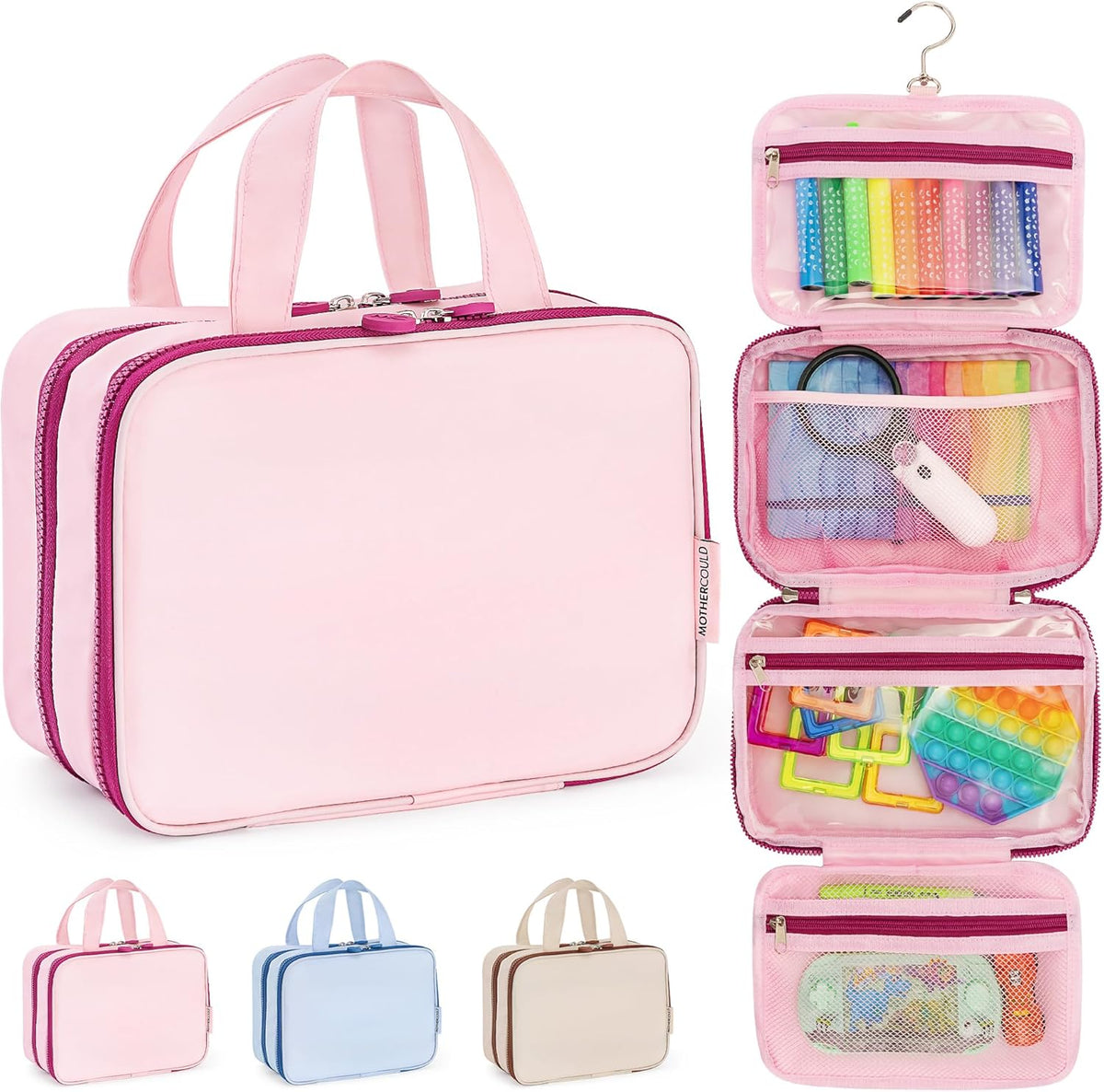 Kids Travel Organizer – Multi-Compartment, Water-Resistant Hanging Bag for Toys, Snacks, & Activities - Compact, Lightweight Design with Hook & Carry Handle - Perfect for Travel Use (Blue, Small)