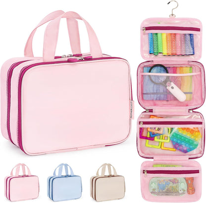 Kids Travel Organizer – Multi-Compartment, Water-Resistant Hanging Bag for Toys, Snacks, & Activities - Compact, Lightweight Design with Hook & Carry Handle - Perfect for Travel Use (Blue, Small)