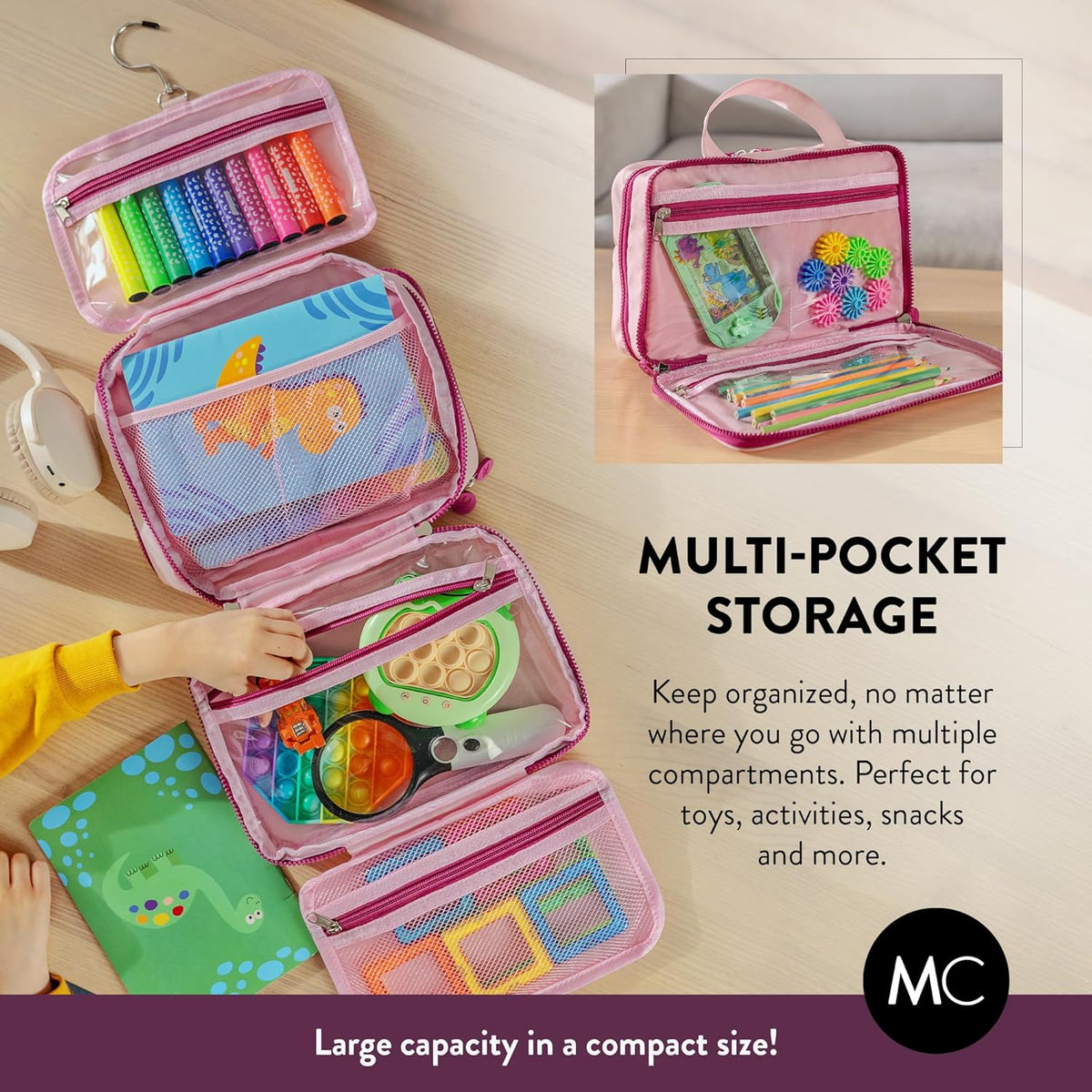 Kids Travel Organizer – Multi-Compartment, Water-Resistant Hanging Bag for Toys, Snacks, & Activities - Compact, Lightweight Design with Hook & Carry Handle - Perfect for Travel Use (Blue, Small)